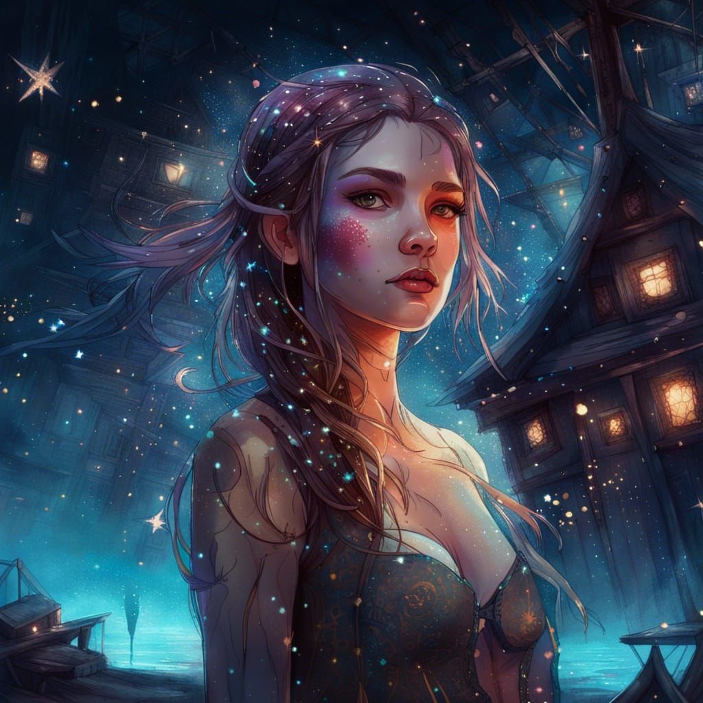 Gothic Pirate Girl in Night Scene Digital Art