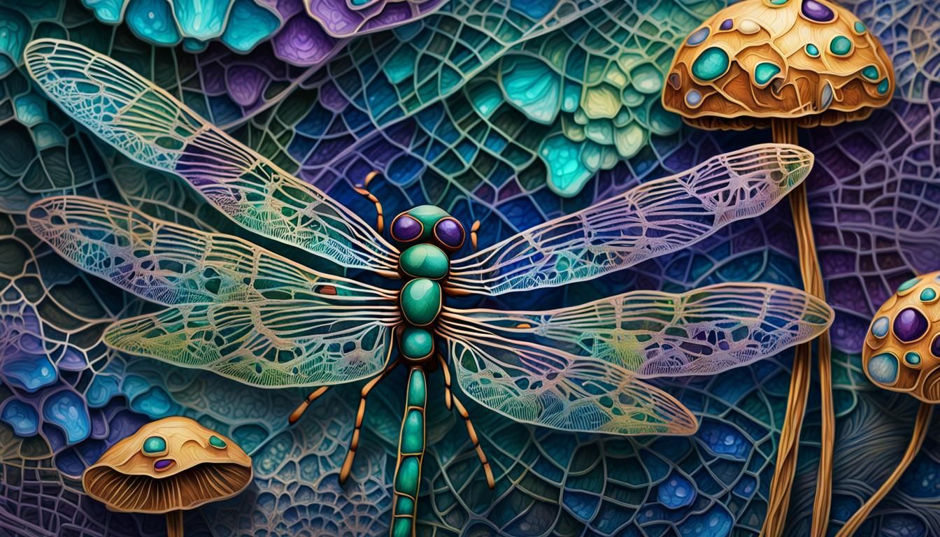 Dragonflies and Metallic Mushrooms as Impasto Painting