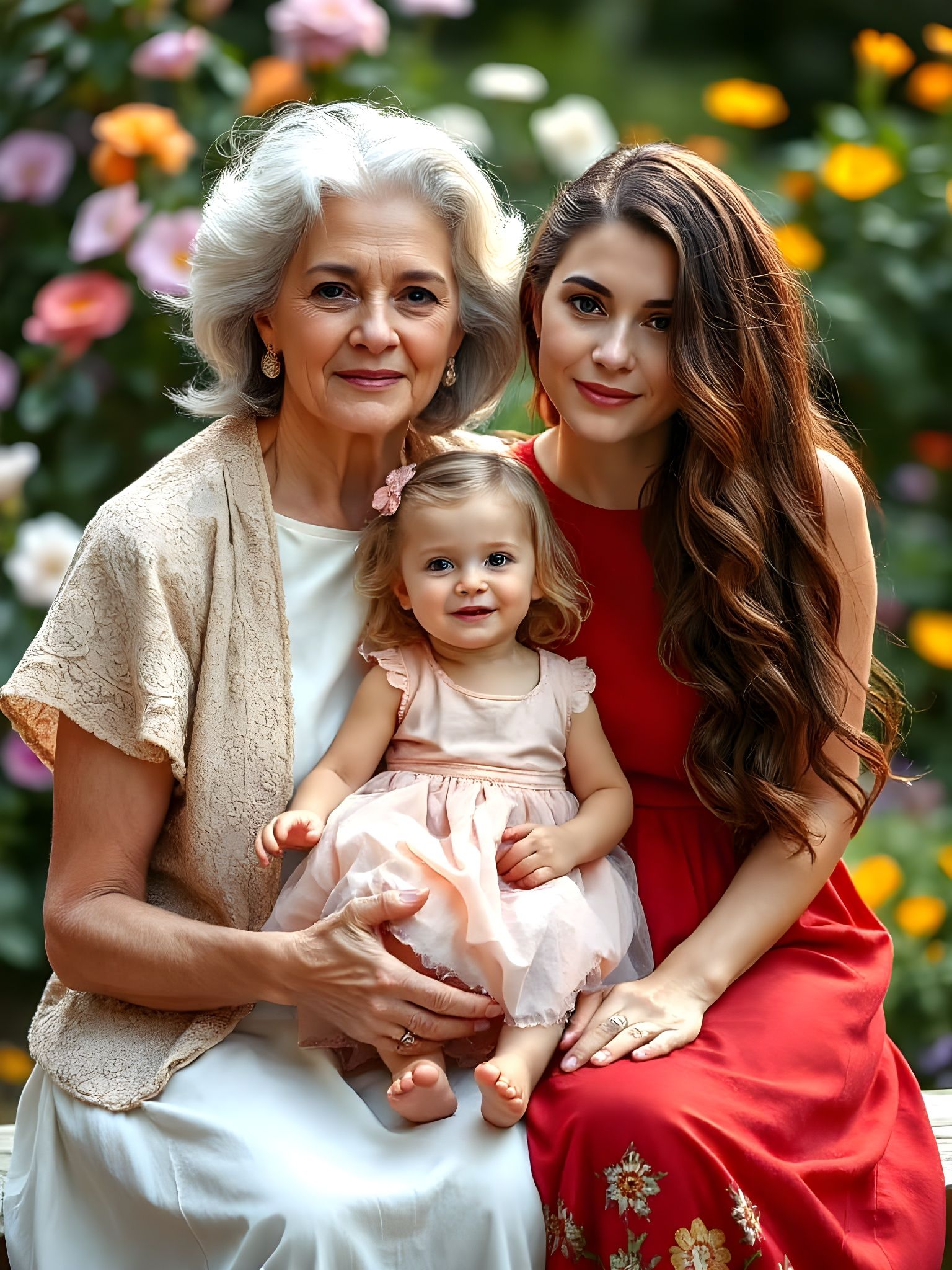 Sisters and Grandmother Share Love in Vibrant Garden Scene