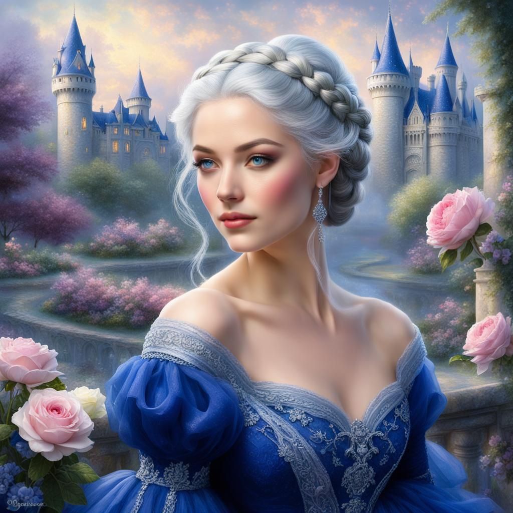 Ethereal Silver-Haired Girl in Castle Garden