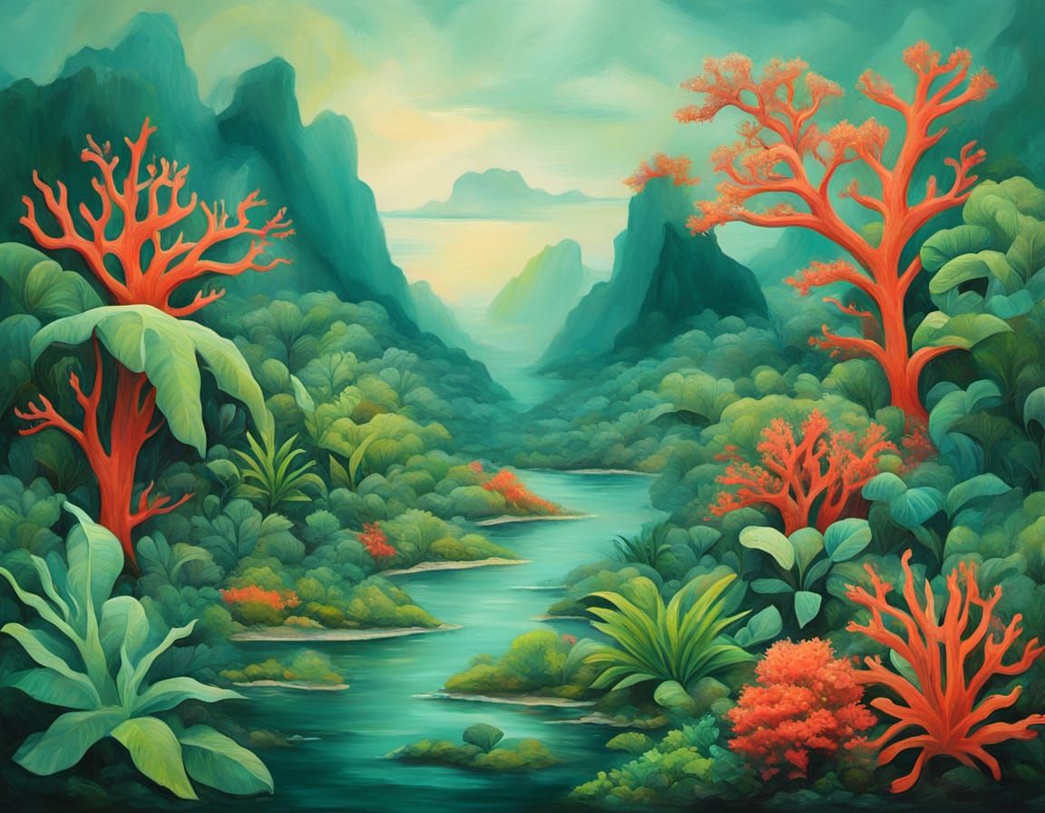 Surreal Tropical Coral Panorama as Tonalist Painting