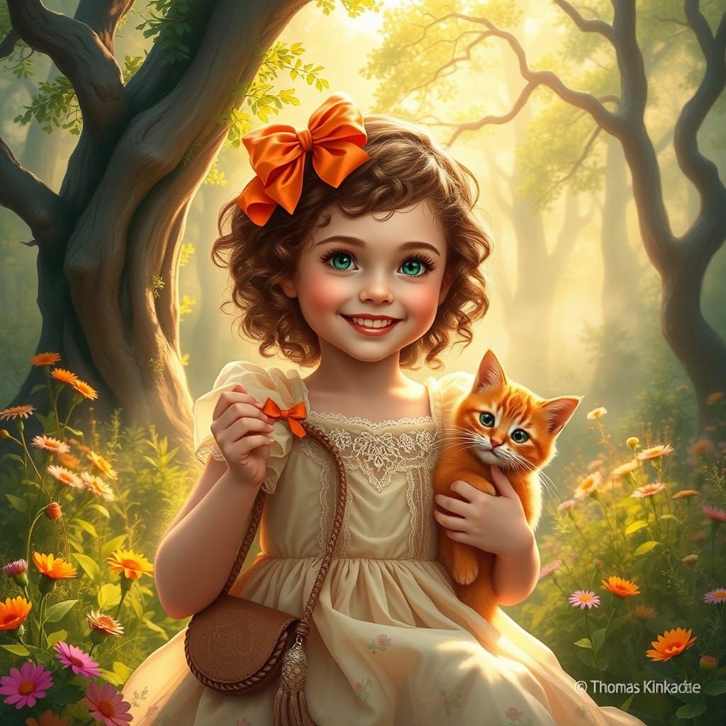 Sunlit Whimsy with Young Girl and Adorable Cat