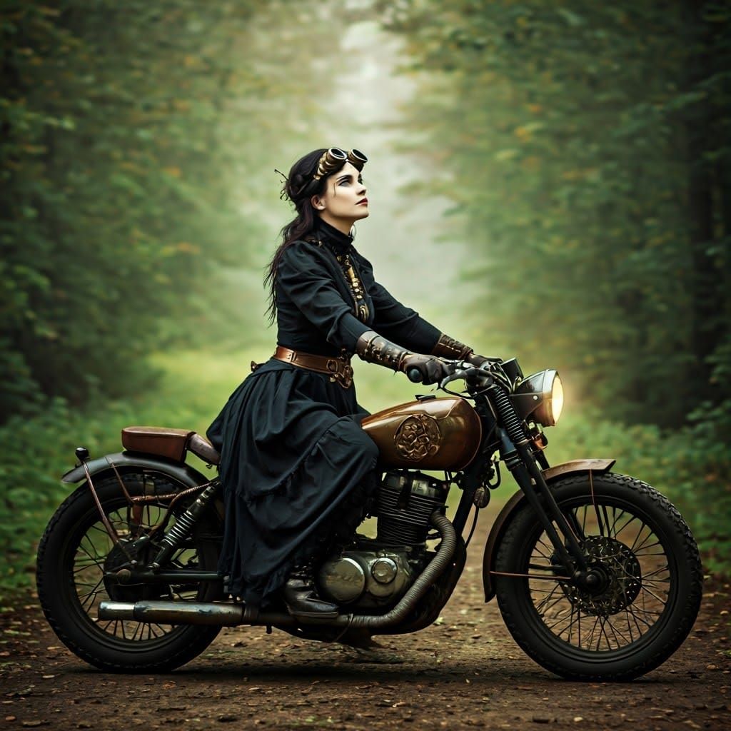 Gothic Steampunk Witch Rides Through Mysterious Emerald Fore...