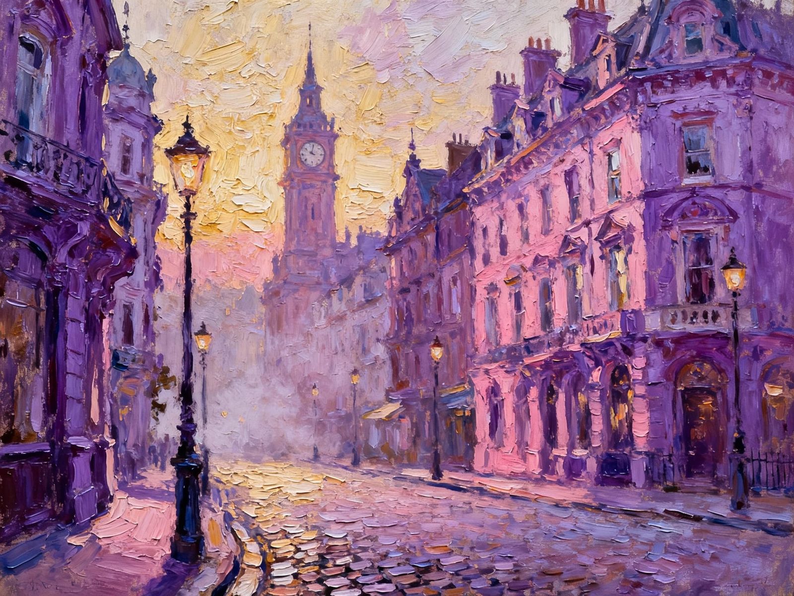 Victorian Cityscape with Dragon and Roses in Impasto Style