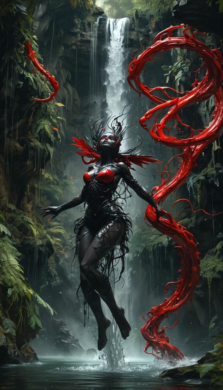 Vibrant Red Demonwoman Soars Through Waterfall Maze in the J...
