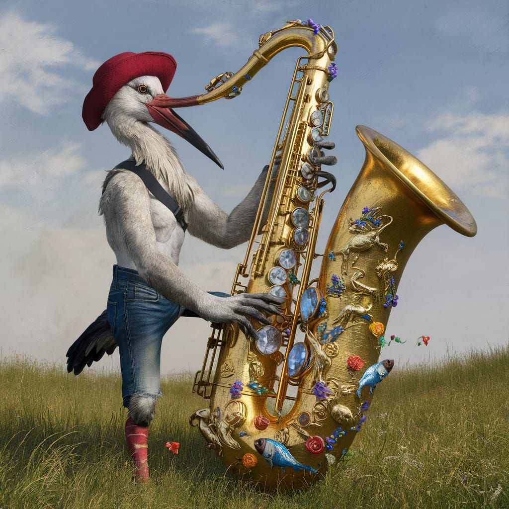 Stork Plays Saxophone in Style of Dürer and Van Gogh