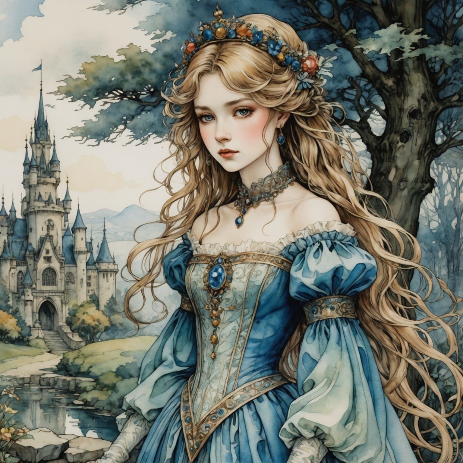Watercolor Anime Princess Inspired by Arthur Rackham