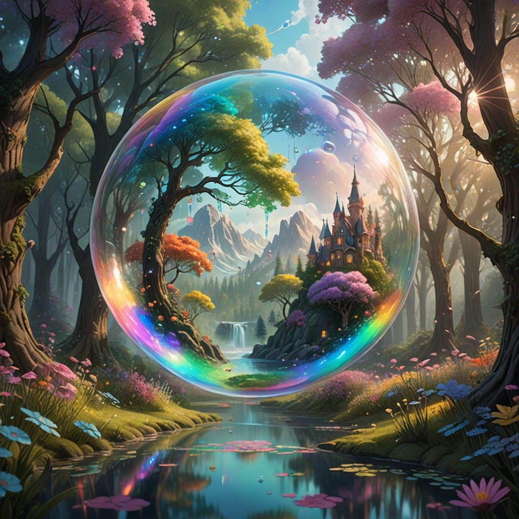 floating bubble, drifting through a fantastical landscape fi...