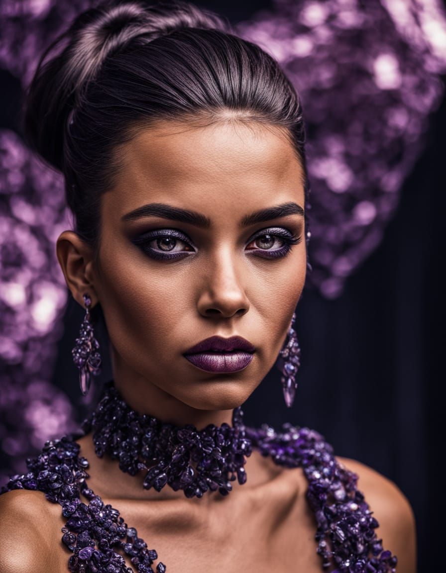 High-Fashion Editorial: Model Adorned with Amethyst Crystals