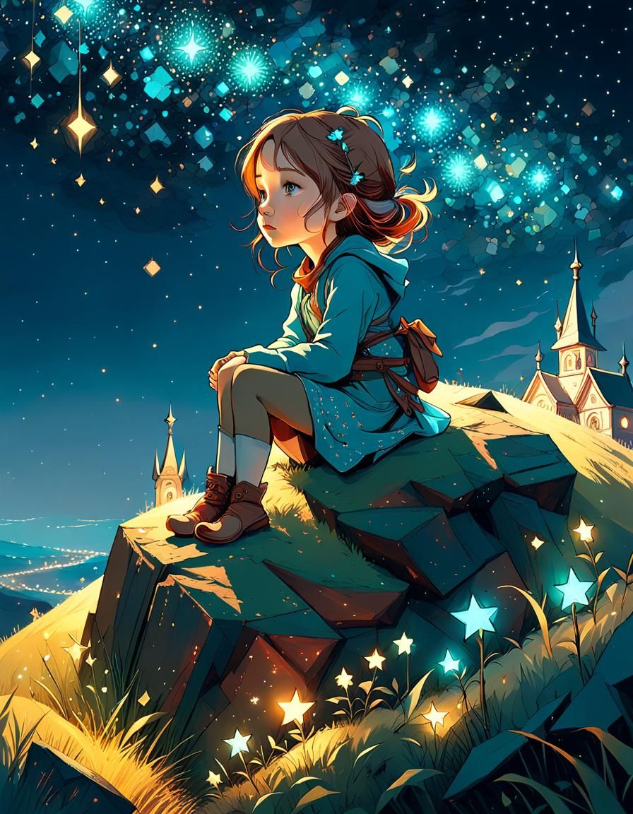 Girl on Hill Gazing at Stars, Digital Art