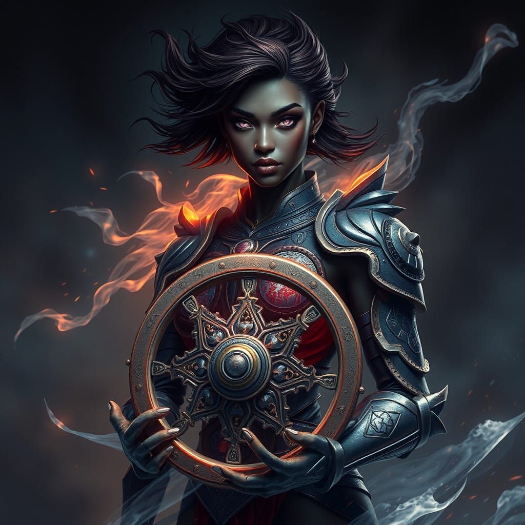 Statuesque Ebony Goddess of Rainstorms with Intricate Armor....