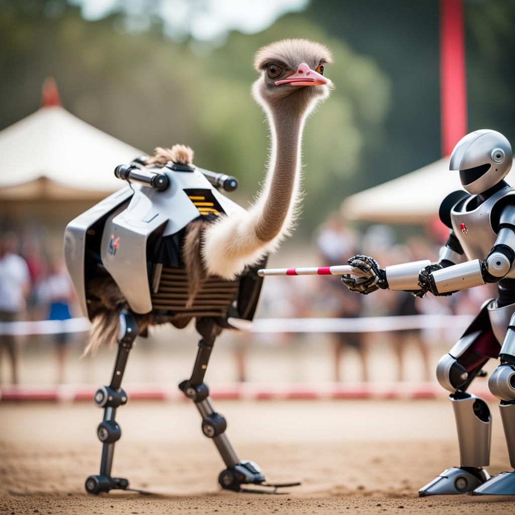 Robot and Ostrich in a Jousting Competition