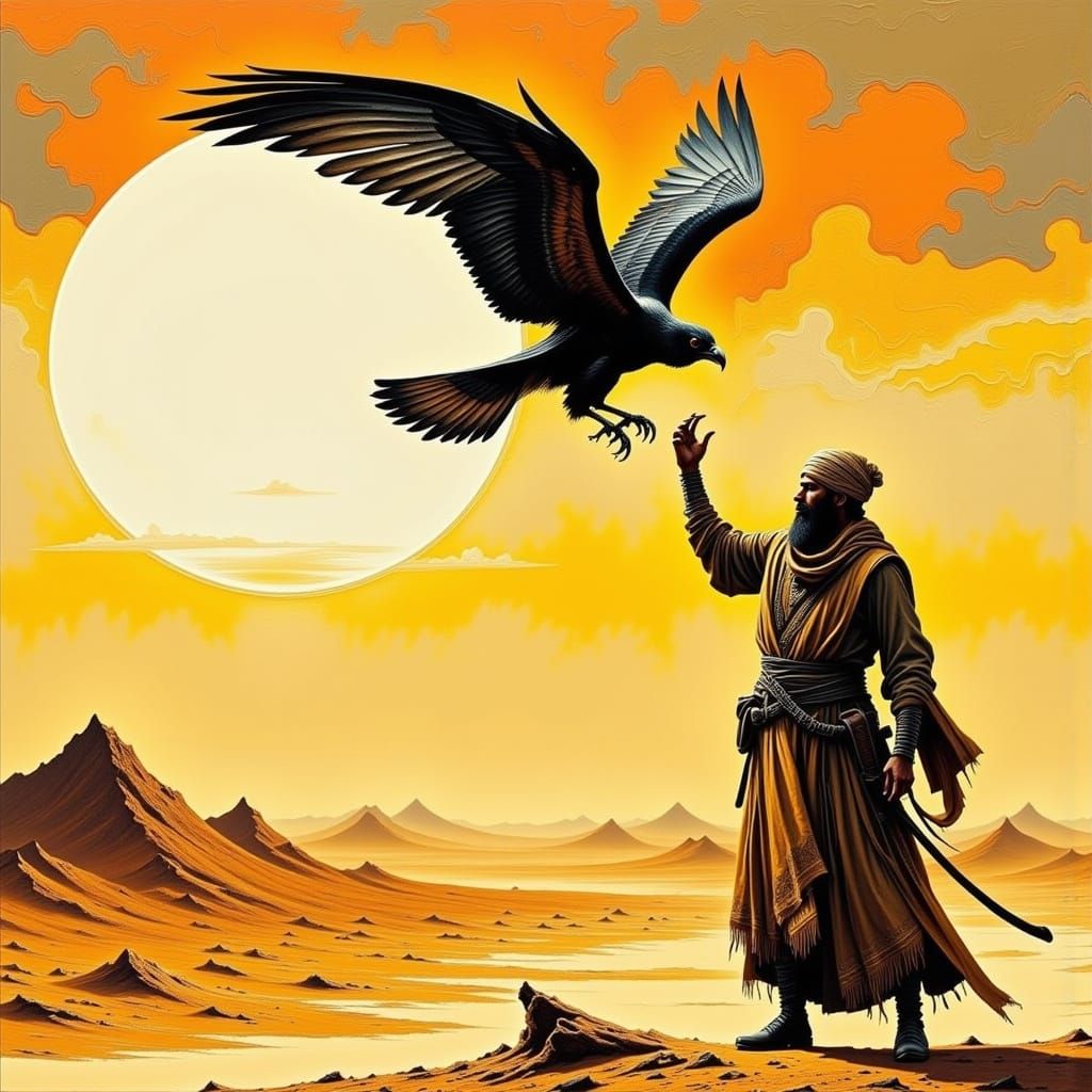 Desert Nomad Releasing a Hunting Falcon in Rustic Futurism