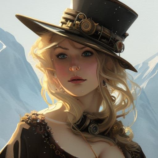 Steampunk Woman Portrait with Snowy Mountain
