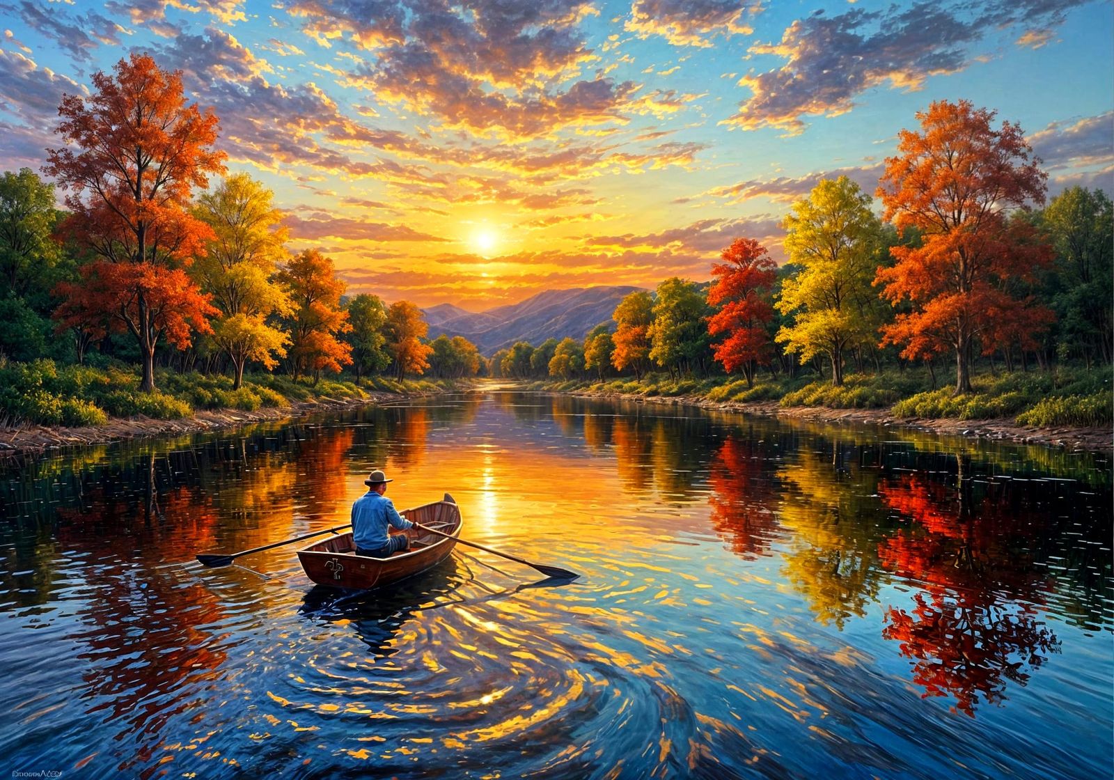 Autumn Sunset Rowboat on River Oil Painting