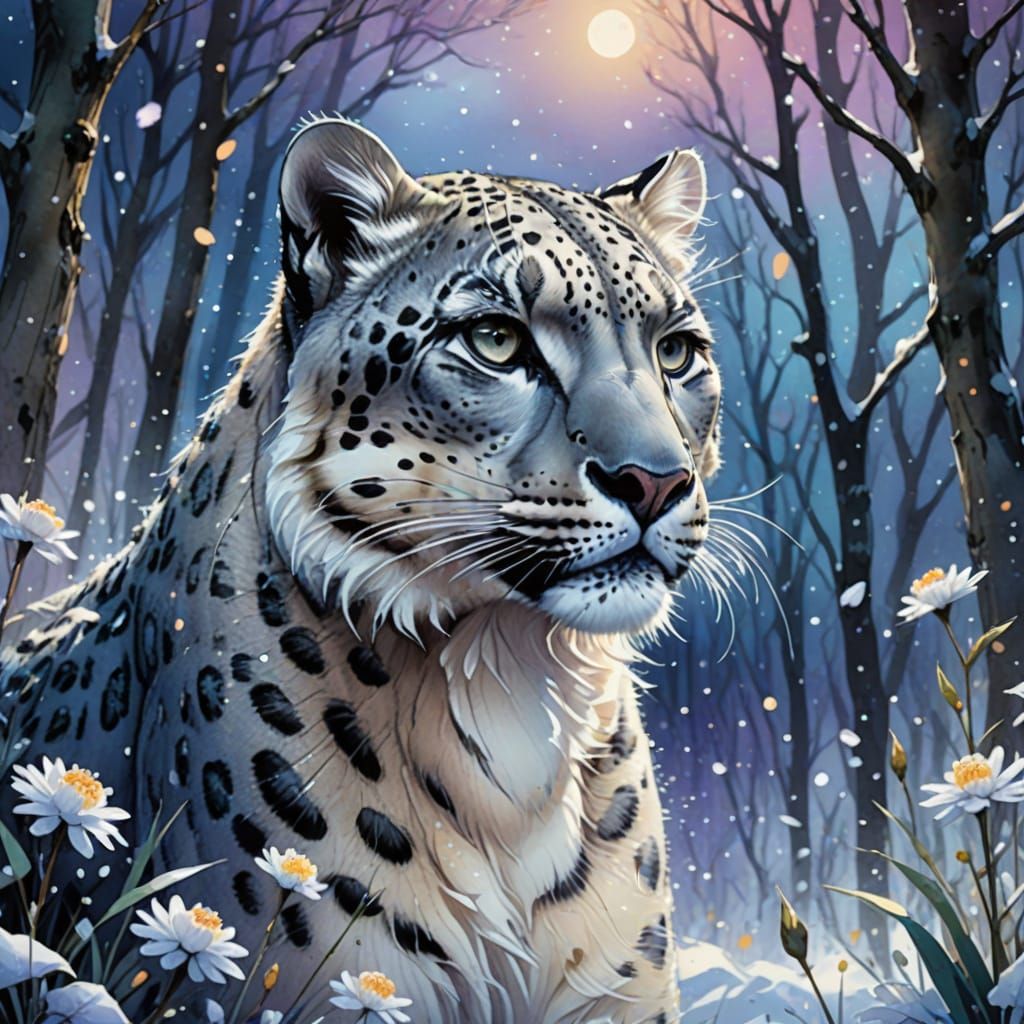 Whimsical Snow Leopard in a Snowy Forest