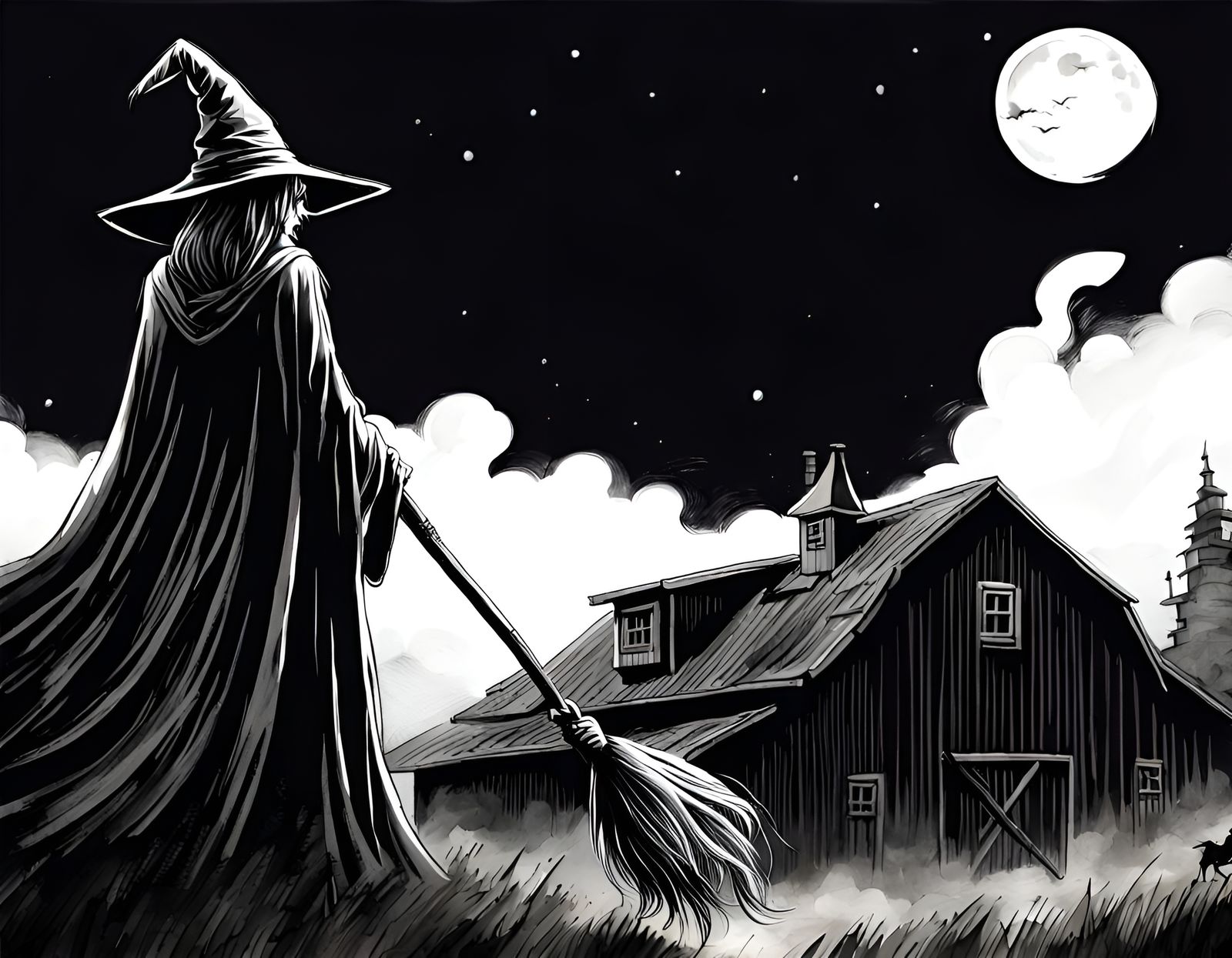 Sorceress on Magic Broom: Sinister Midnight Ink Painting