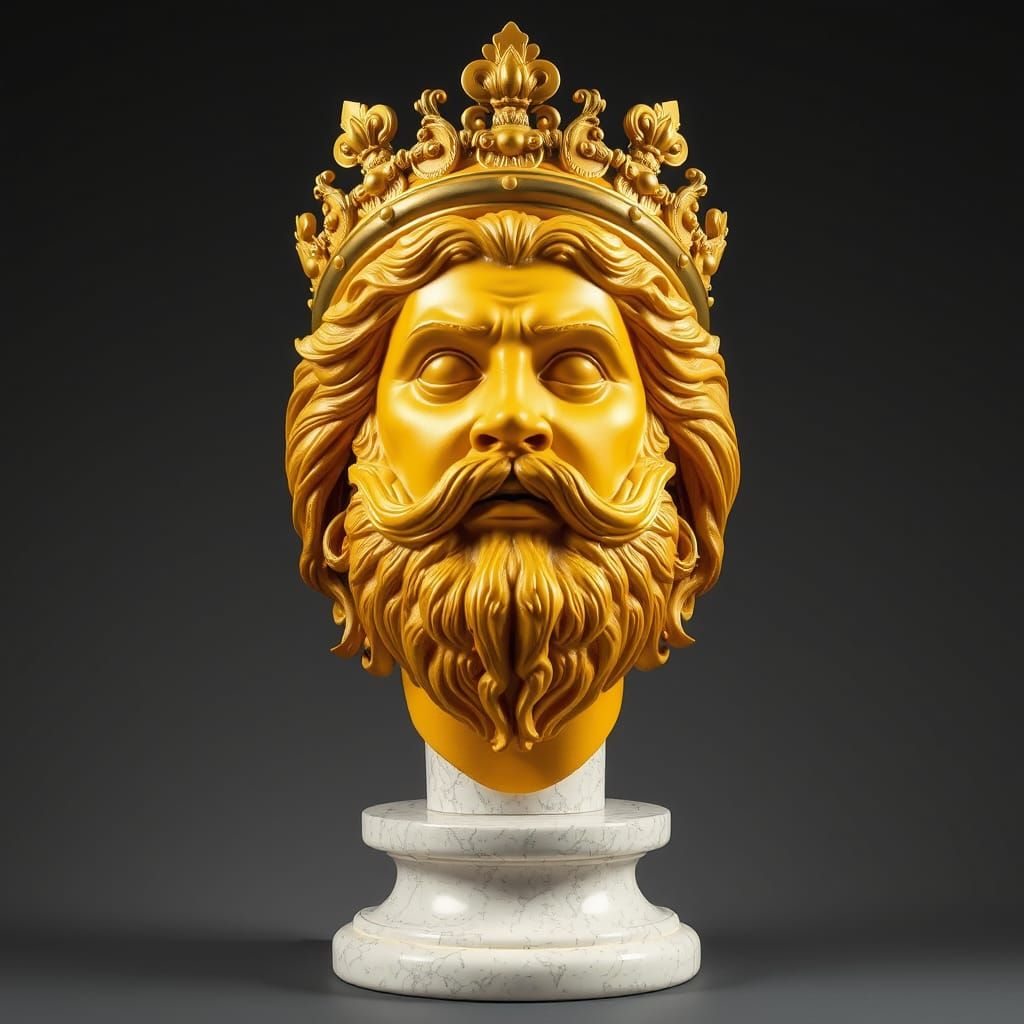 Ancient Greek God's Fierce Head in Golden Barbed Crown on Ma...