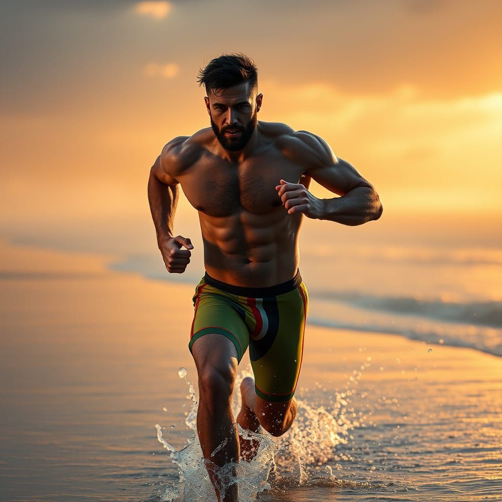 Chiseled Athlete Runs on Beach at Dawn