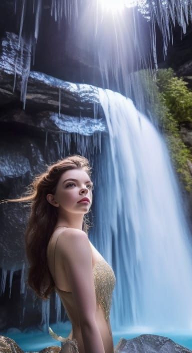 Anya Taylor Joy by a Waterfall
