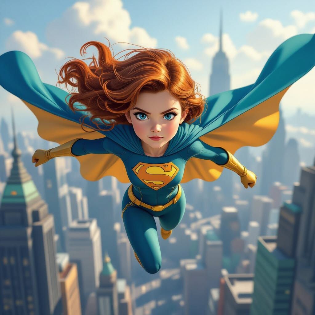 Girl in Comic Book Costume Soars Over Futuristic City