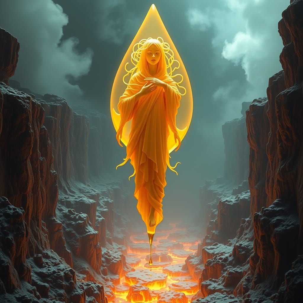 Luminous Figure in Amber Droplet Over Canyon