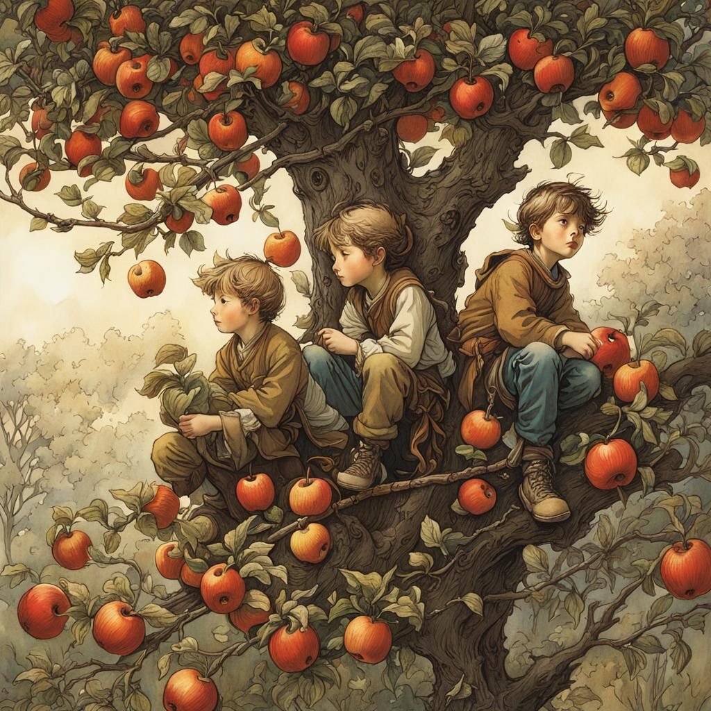 Whimsical Boys Hide in Blossoming Apple Tree Wonderland