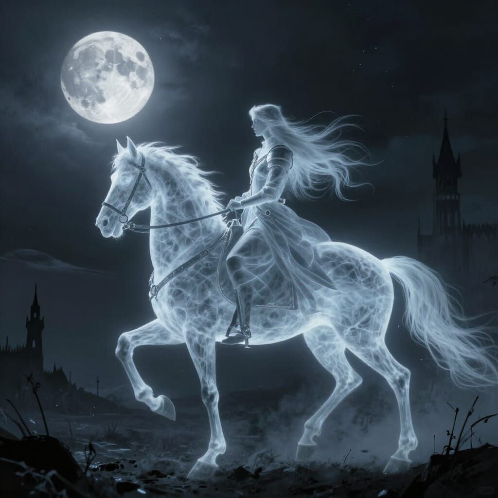 Phantom Knight Rides Spectral Steed on Gothic Battlefield