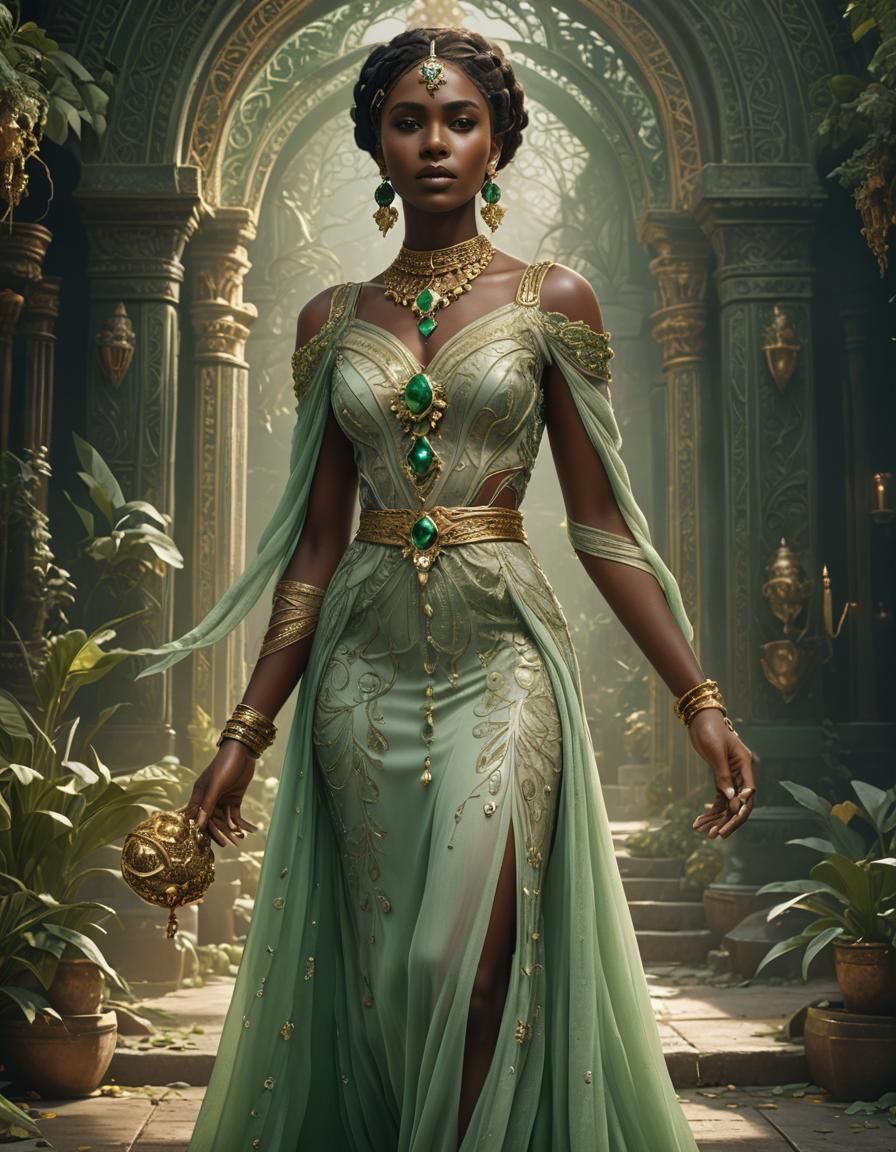 Woman in Green Dress with Emerald Jewelry