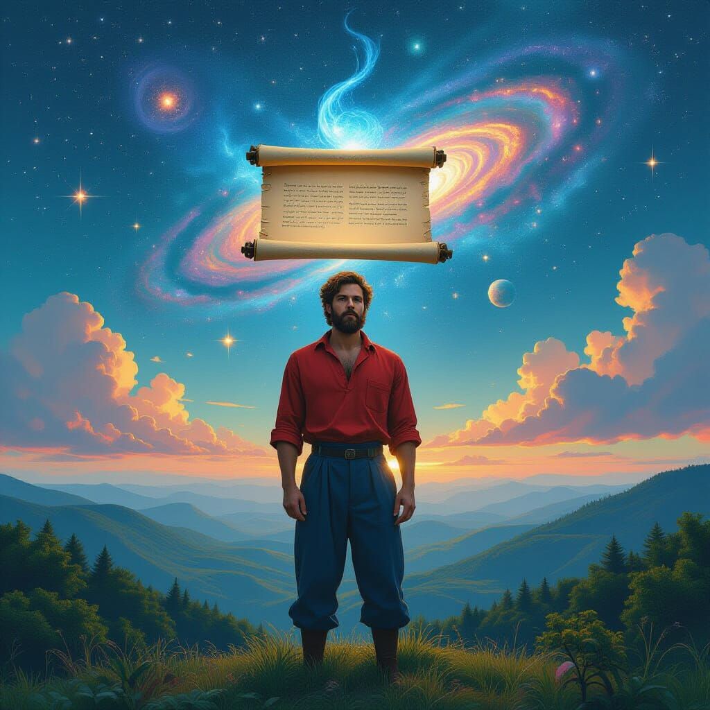 Man on Hill Under Cosmic Sky in Digital Painting Style