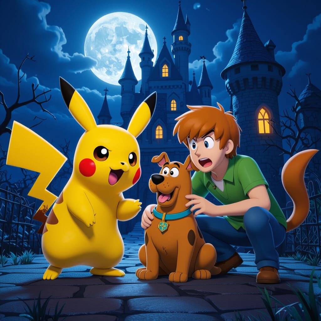 Pikachu and Scooby Doo Gang at Spooky Castle
