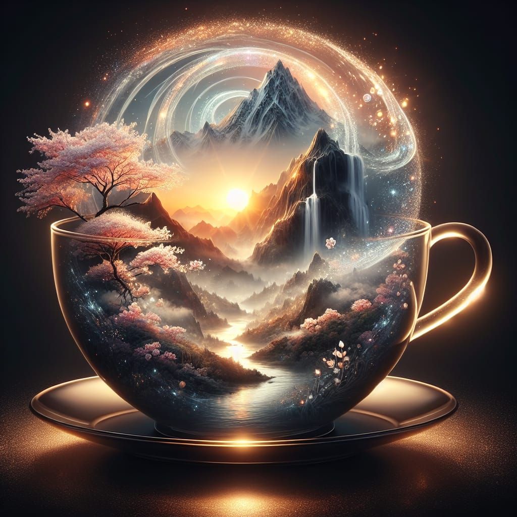 Ethereal Landscape in Teacup: Hypermaximalist Digital Art