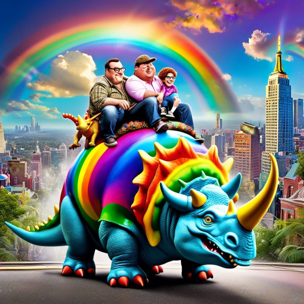 <lora:Shabby Chic Pastels:1.0>  Family Guy Peter Griffin riding on the back of a rainbow colored triceratops, urban city...