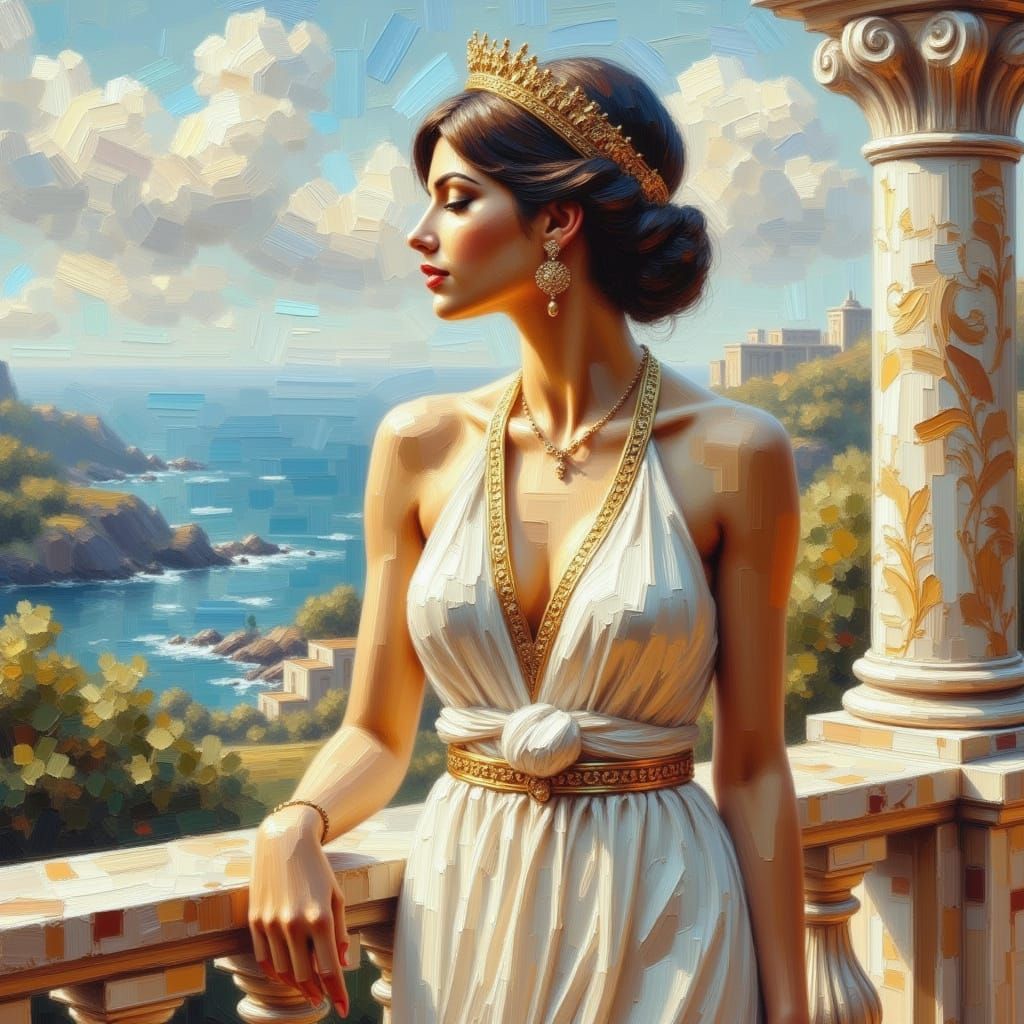 Greek Goddess in Impasto Style on Balcony