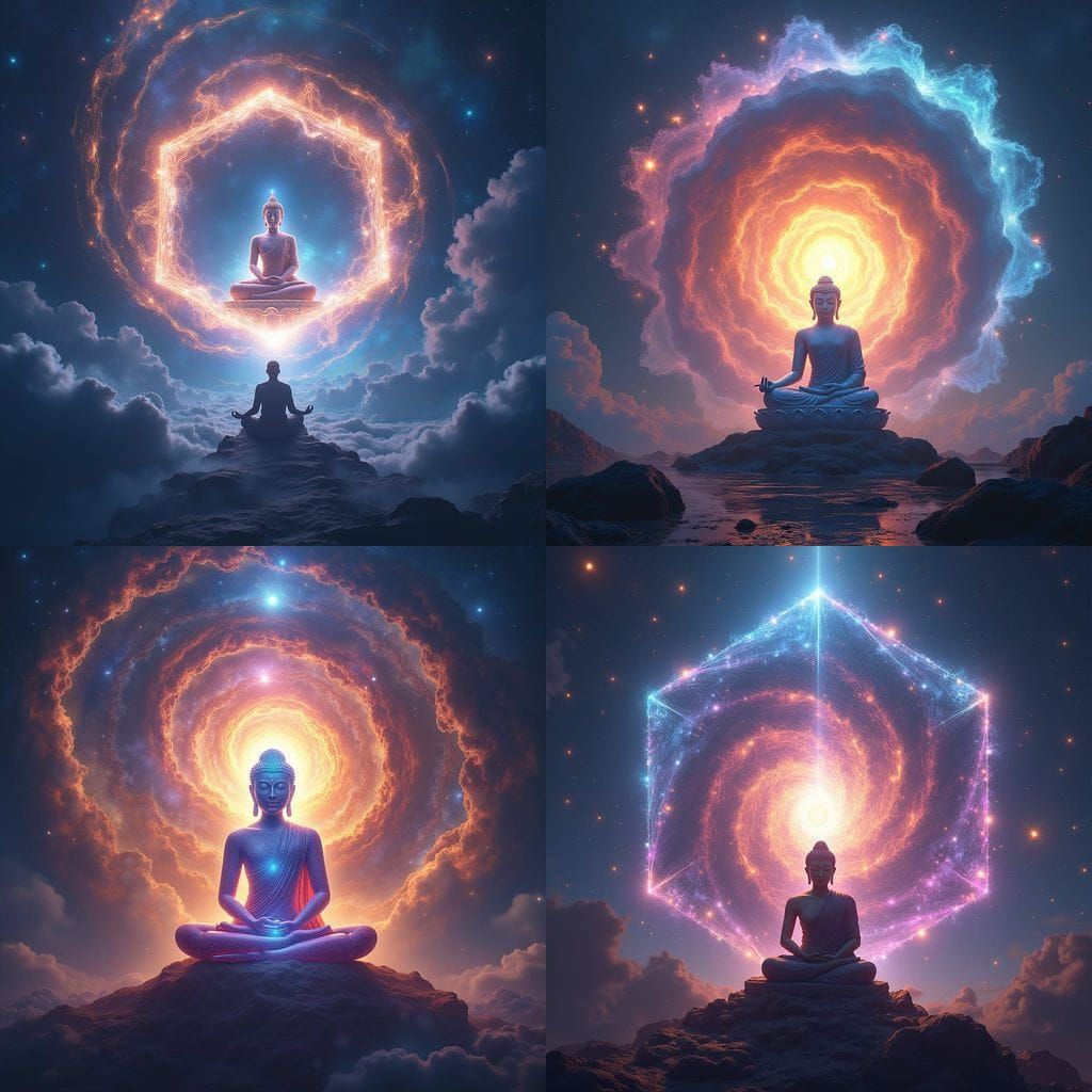 Ethereal Buddha Meditating in Glowing Hexagonal Vortex in Sp...
