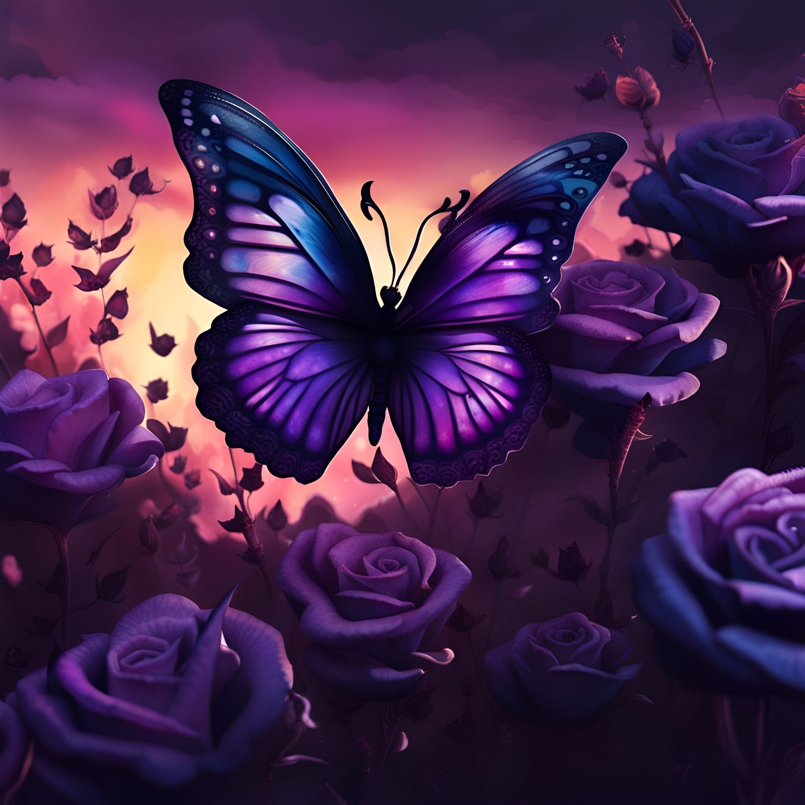 Watercolor Butterfly Over Black Roses