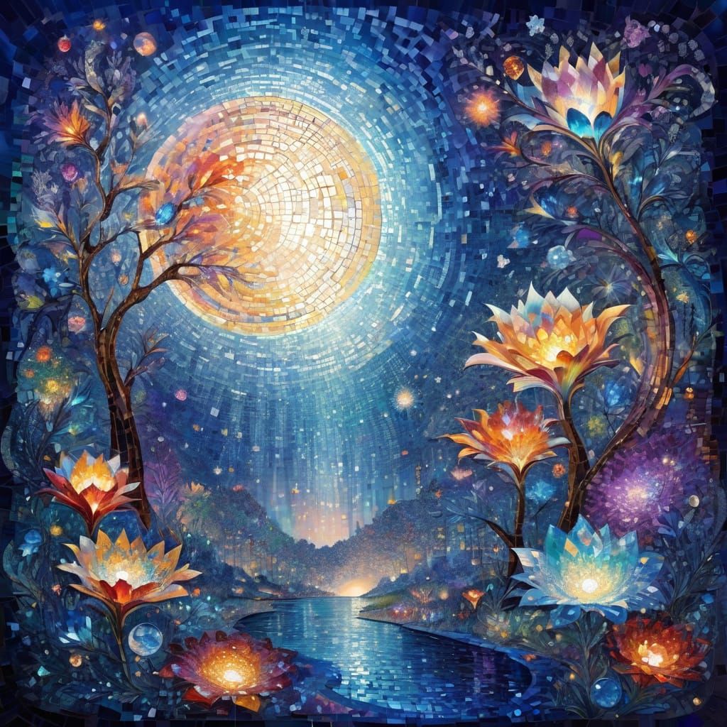 Dreamlike Crystal Moon Explodes in Vibrant Colors