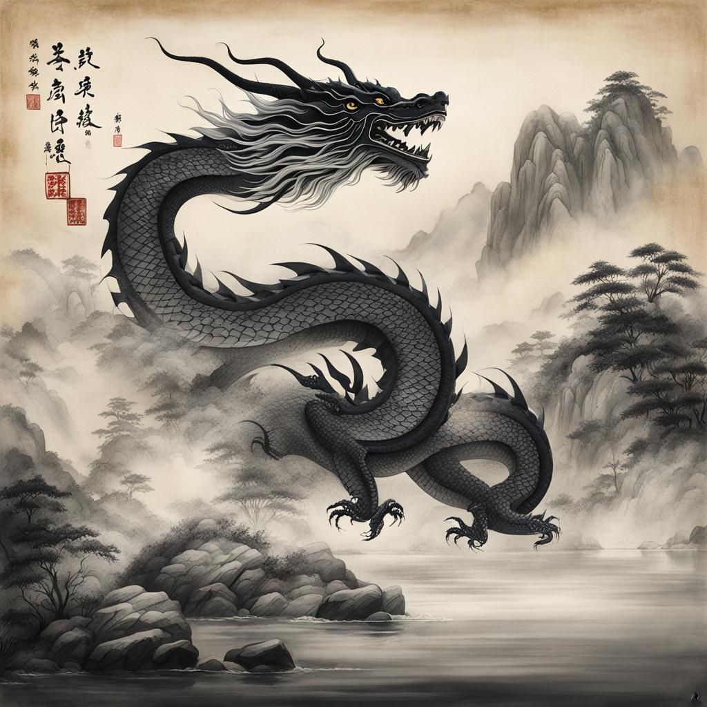 Chinese Ink Dragon Crossing River in Song Dynasty Style