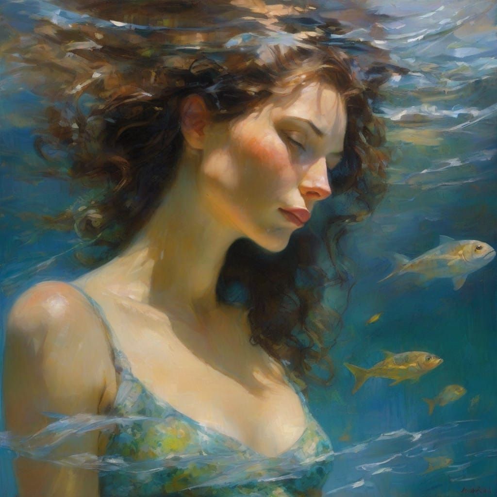 Surreal Underwater Scene with Selkie in a Sheltered Cove, Re...