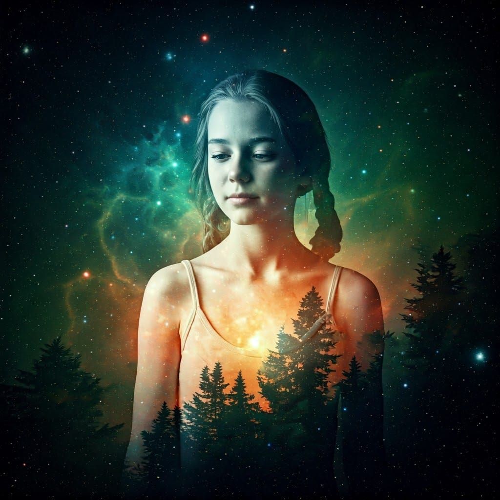 Dreaming Girl Merges with Forest Galaxy Sunset