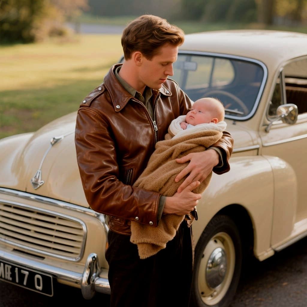 Young Father With Baby and Morris Minor