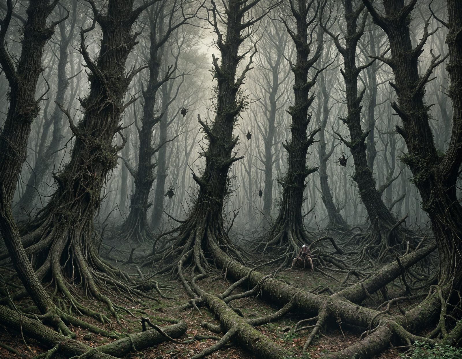 Horror Forest with Spiders in Dark Fantasy Style