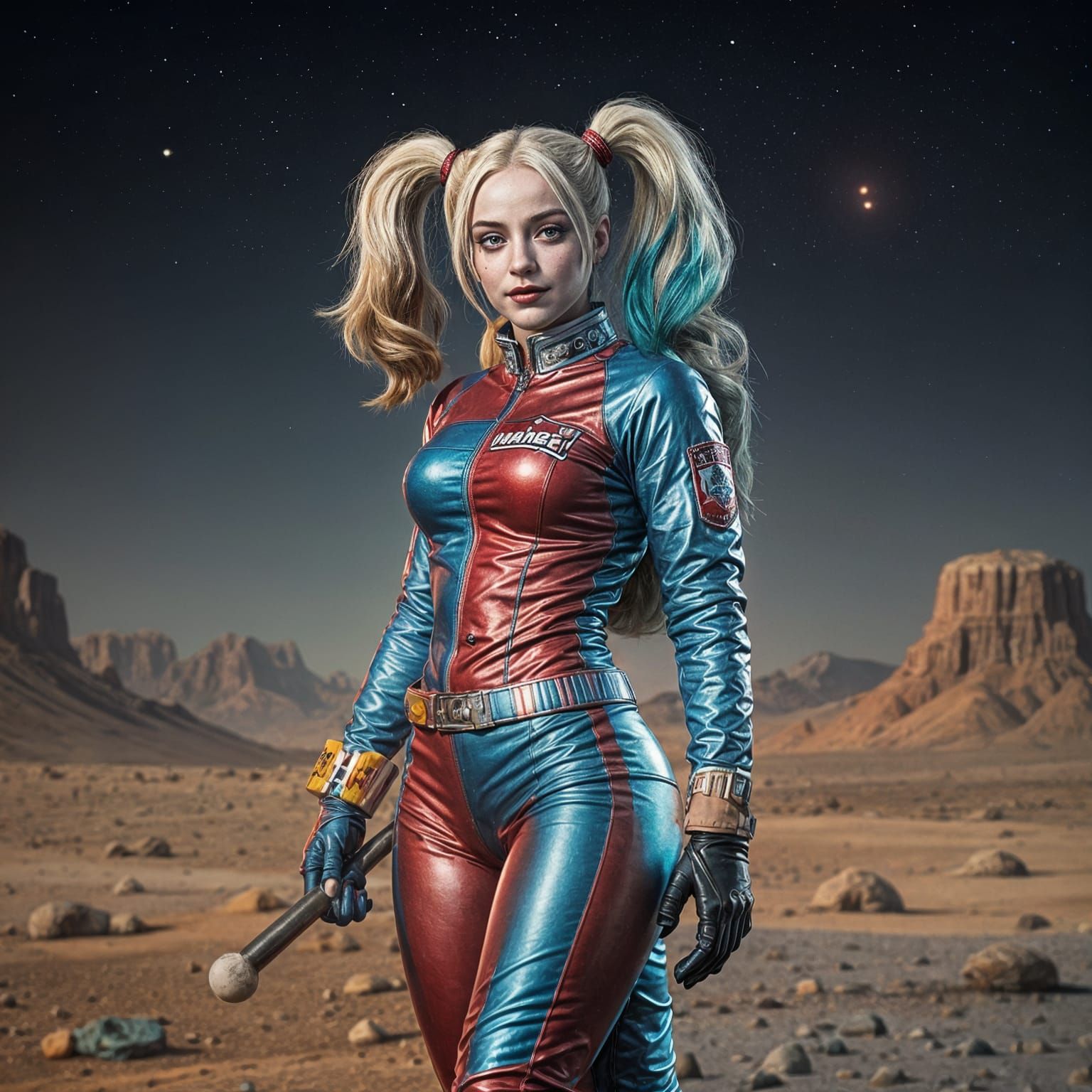 Hyperrealistic Harley Quinn in Colorful Spacesuit on Mars