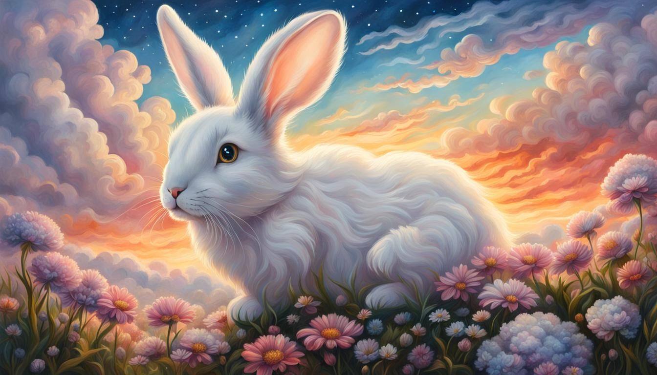 Cloud Bunny Portrait on Flower Hill in Watercolor Style