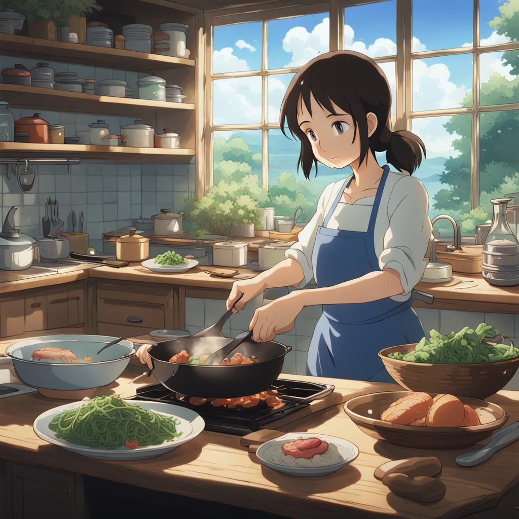 Anime Woman Cooking, Studio Ghibli Style