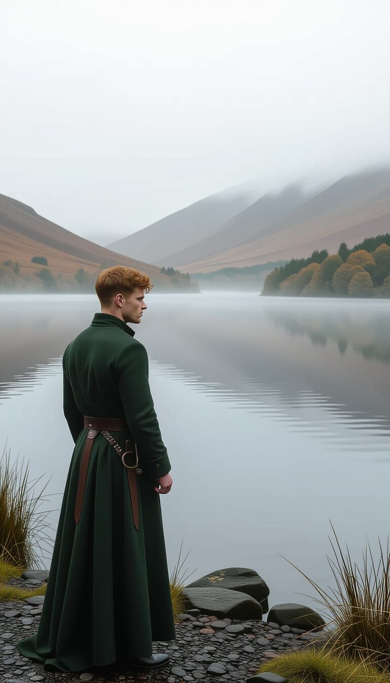 Irish Man Overlooking Foggy Lake in Matte Colors