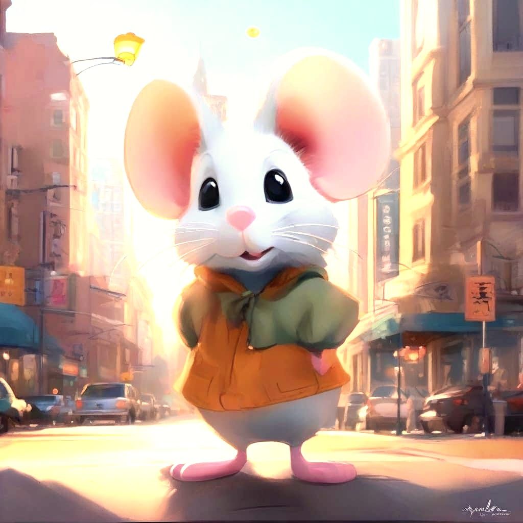 Cheerful Cartoon Mouse in Bustling Cityscape