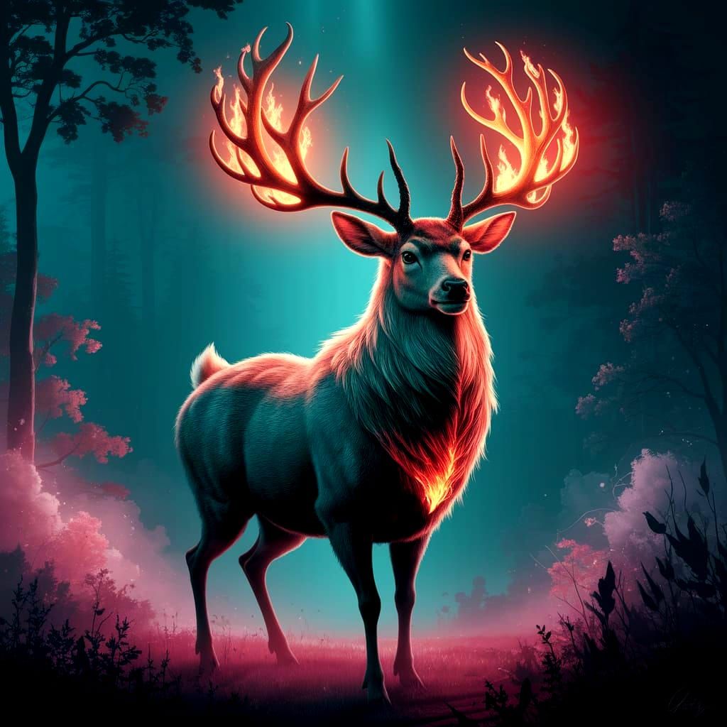 A majestic deer with flaming antlers.