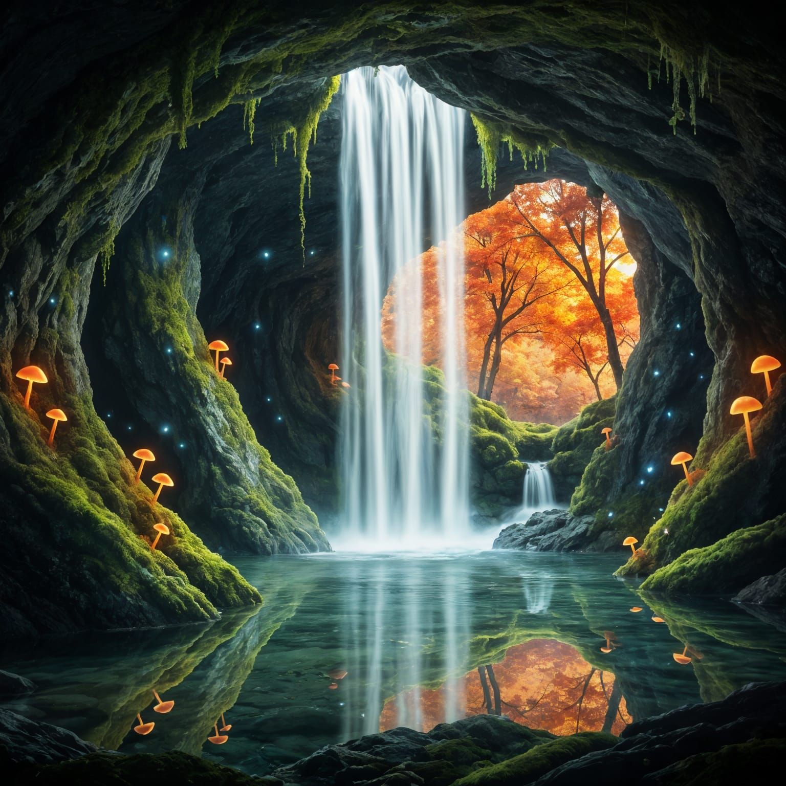 Magical Autumn Grotto With Fiery Waterfall and Luminescent M...