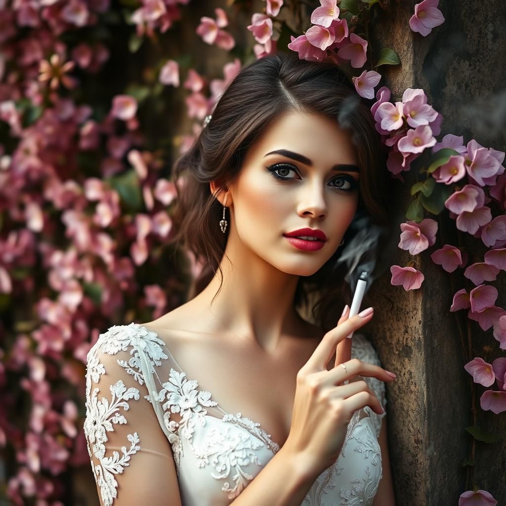 Bride Smoking in Hyper-Realistic Portrait with Pink Ivy